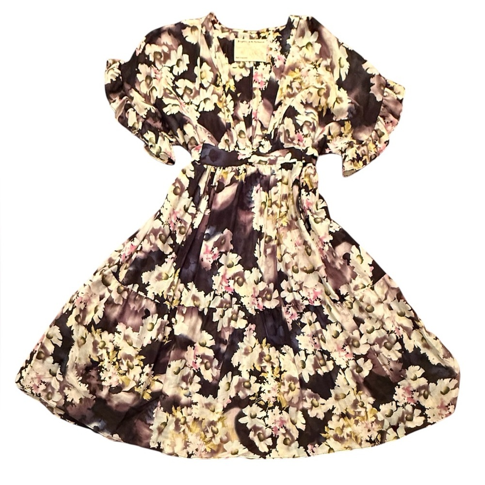 Y2K Vintage Black/Cream Ruffled Floral Midi Dress w/Flutter Sleeves Size Small